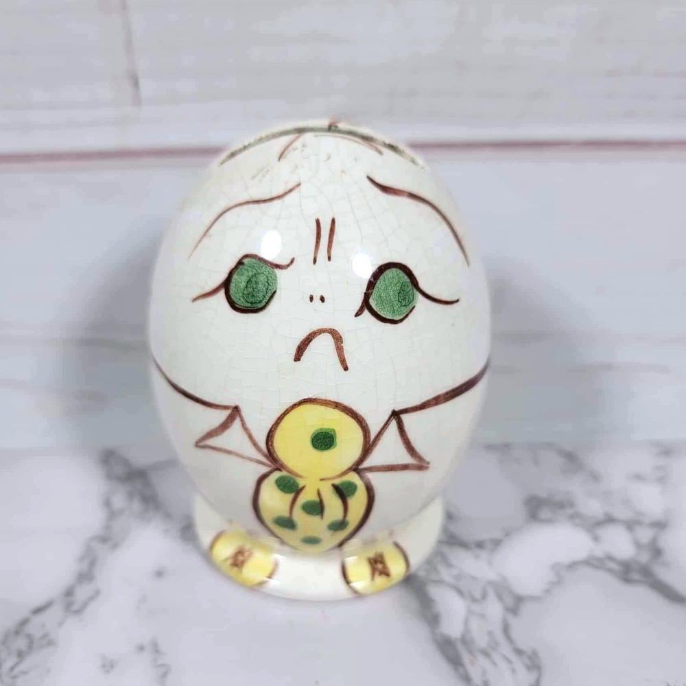 Vintage Ceramic Egg Bank Hand Painted Sad Face Figurine